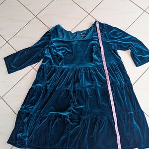 Maison Tara Teal Velvet Long Sleeve Tiered Dress
